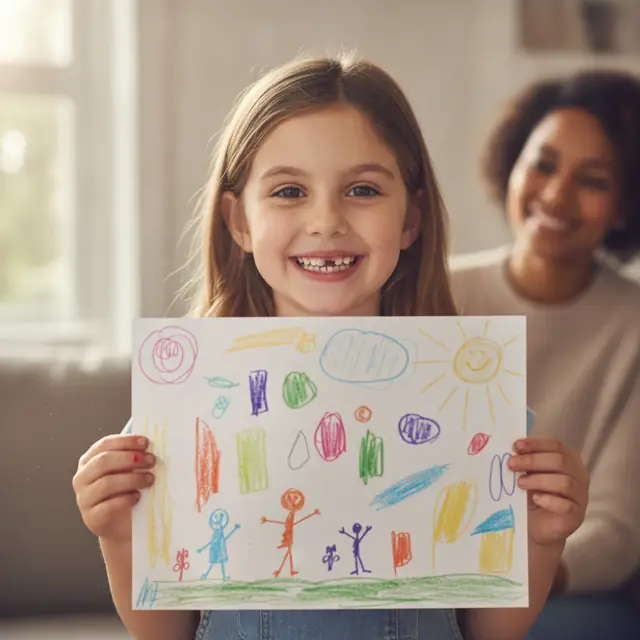 Smiling girl proudly holding up her crayon drawing, with a parent behind her
