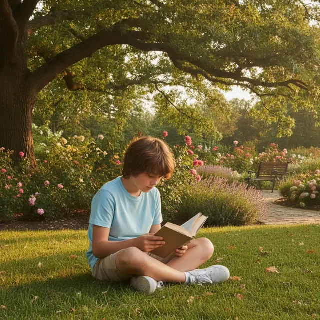 Older child reading a chapter book on the grass in a sunny garden